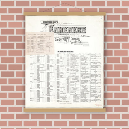Old map wall art mockup — magnetic wood frame on brick wall — Sanborn Fire Insurance Map from Kankakee, Kankakee County, Illinois (1948), Sheet #0001