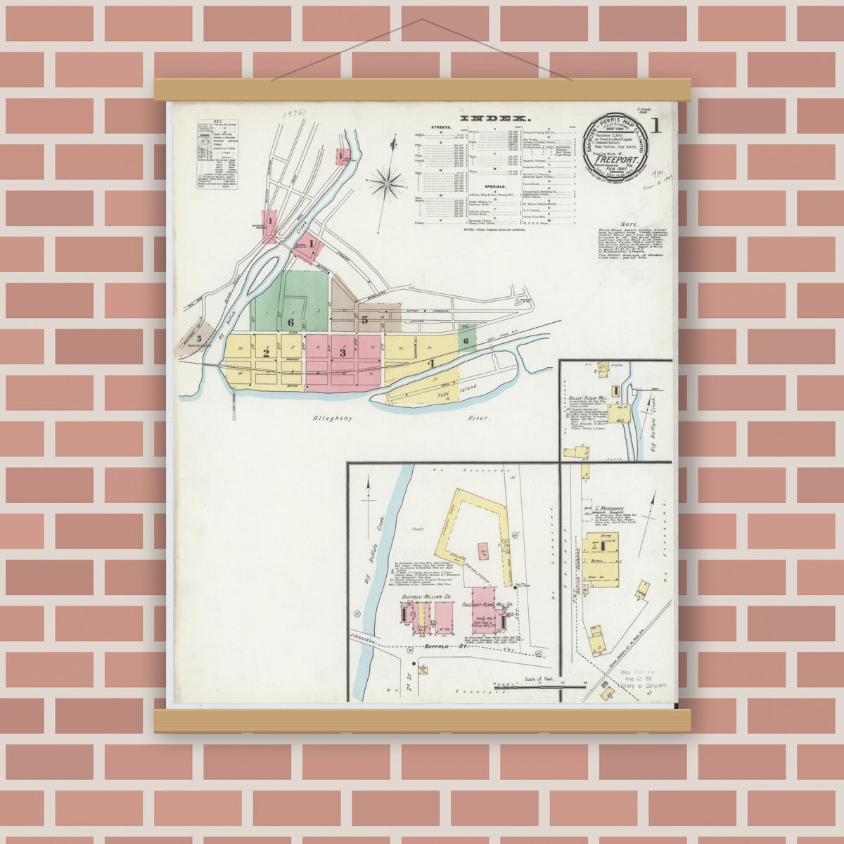 Old map wall art mockup — magnetic wood frame on brick wall — Sanborn Fire Insurance Map from Freeport, Armstrong County, Pennsylvania (1897), Sheet #0001