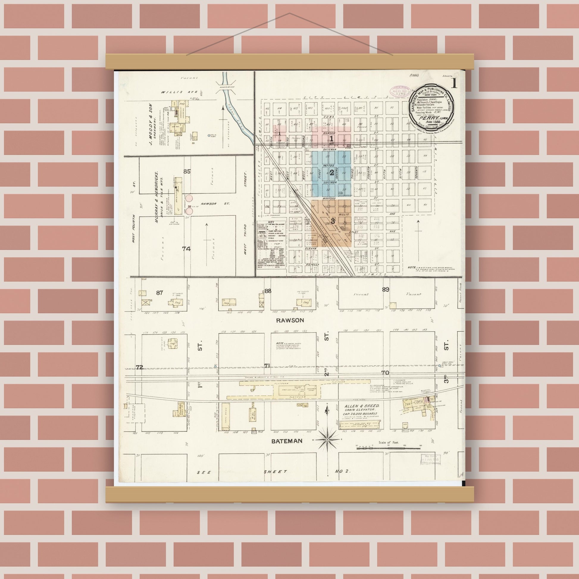 Old map wall art mockup — magnetic wood frame on brick wall — Sanborn Fire Insurance Map from Perry, Dallas County, Iowa (1888), Sheet #0001