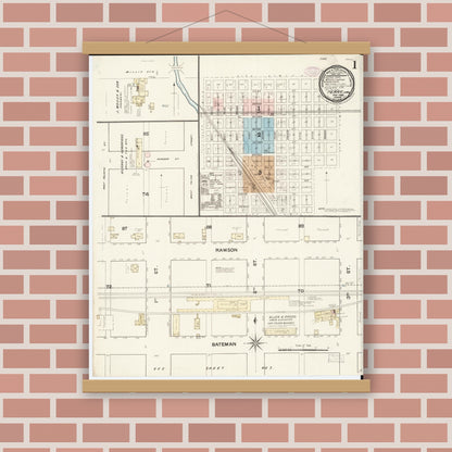 Old map wall art mockup — magnetic wood frame on brick wall — Sanborn Fire Insurance Map from Perry, Dallas County, Iowa (1888), Sheet #0001