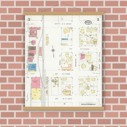 Old map wall art mockup — magnetic wood frame on brick wall — Sanborn Fire Insurance Map from Bryan, Brazos County, Texas (1925), Sheet #0005