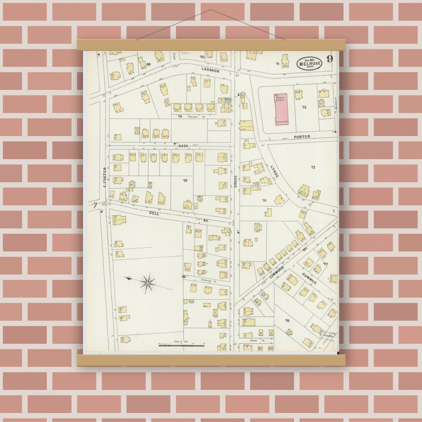 Old map wall art mockup — magnetic wood frame on brick wall — Sanborn Fire Insurance Map from Melrose, Middlesex County, Massachusetts (1897), Sheet #0009