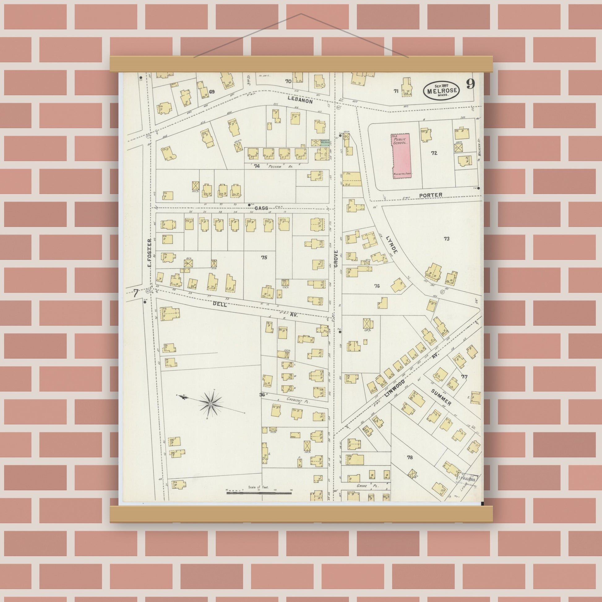 Old map wall art mockup — magnetic wood frame on brick wall — Sanborn Fire Insurance Map from Melrose, Middlesex County, Massachusetts (1897), Sheet #0009