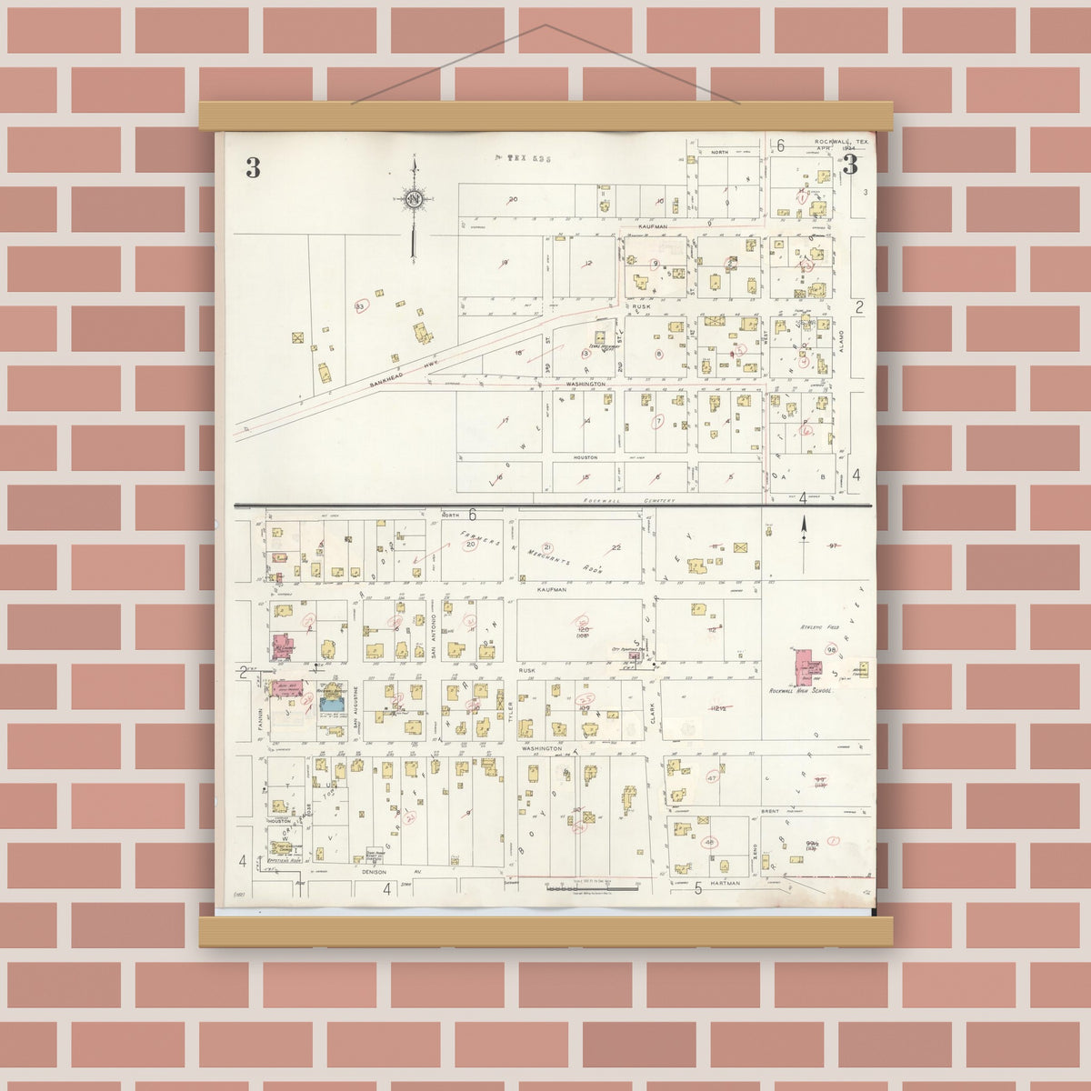 Old map wall art mockup — magnetic wood frame on brick wall — Sanborn Fire Insurance Map from Rockwall, Rockwall County, Texas (1945), Sheet #0003
