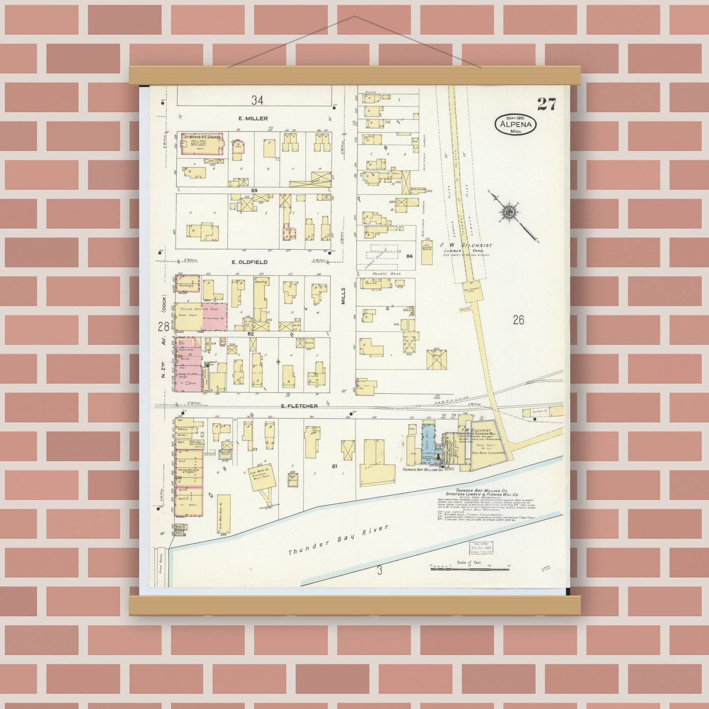 Old map wall art mockup — magnetic wood frame on brick wall — Sanborn Fire Insurance Map from Alpena, Alpena County, Michigan (1910), Sheet #0027