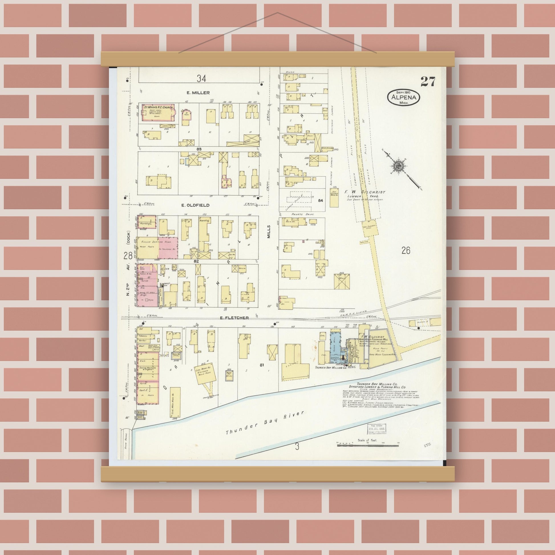 Old map wall art mockup — magnetic wood frame on brick wall — Sanborn Fire Insurance Map from Alpena, Alpena County, Michigan (1910), Sheet #0027