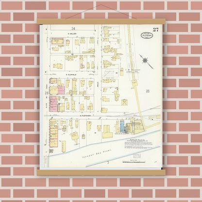 Old map wall art mockup — magnetic wood frame on brick wall — Sanborn Fire Insurance Map from Alpena, Alpena County, Michigan (1910), Sheet #0027