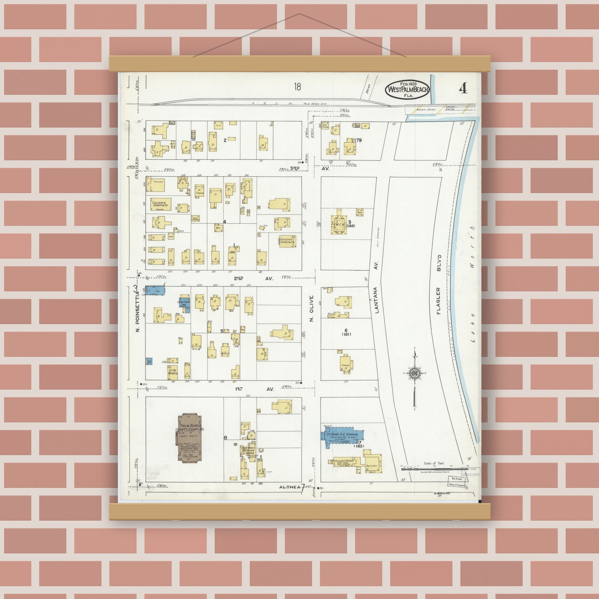 Old map wall art mockup — magnetic wood frame on brick wall — Sanborn Fire Insurance Map from West Palm Beach, Dade County, Florida (1920), Sheet #0004