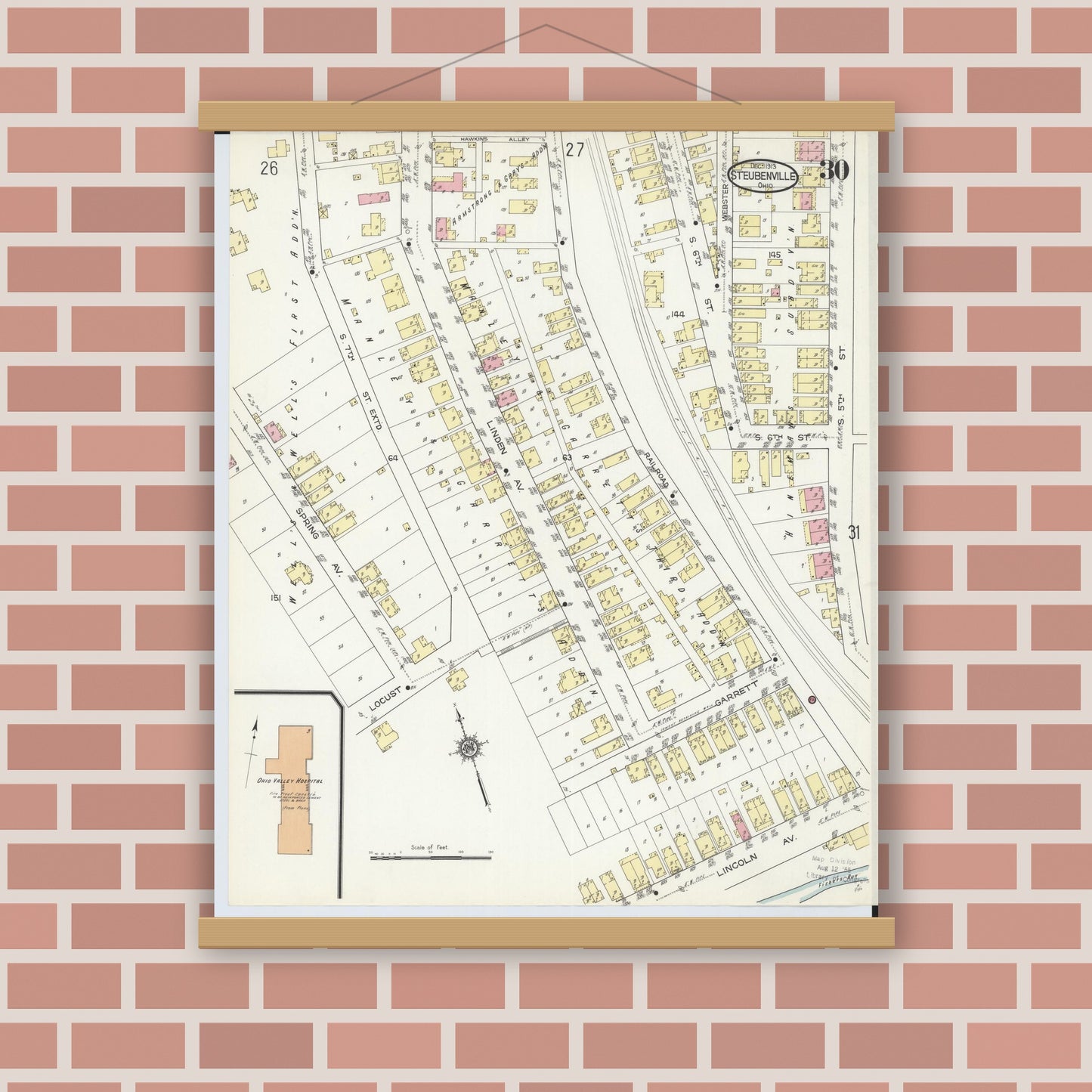 Old map wall art mockup — magnetic wood frame on brick wall — Sanborn Fire Insurance Map from Steubenville, Jefferson County, Ohio (1913), Sheet #0030
