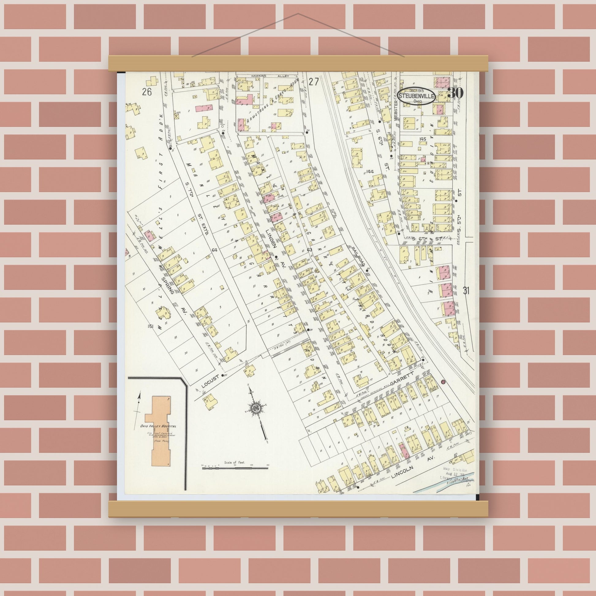 Old map wall art mockup — magnetic wood frame on brick wall — Sanborn Fire Insurance Map from Steubenville, Jefferson County, Ohio (1913), Sheet #0030