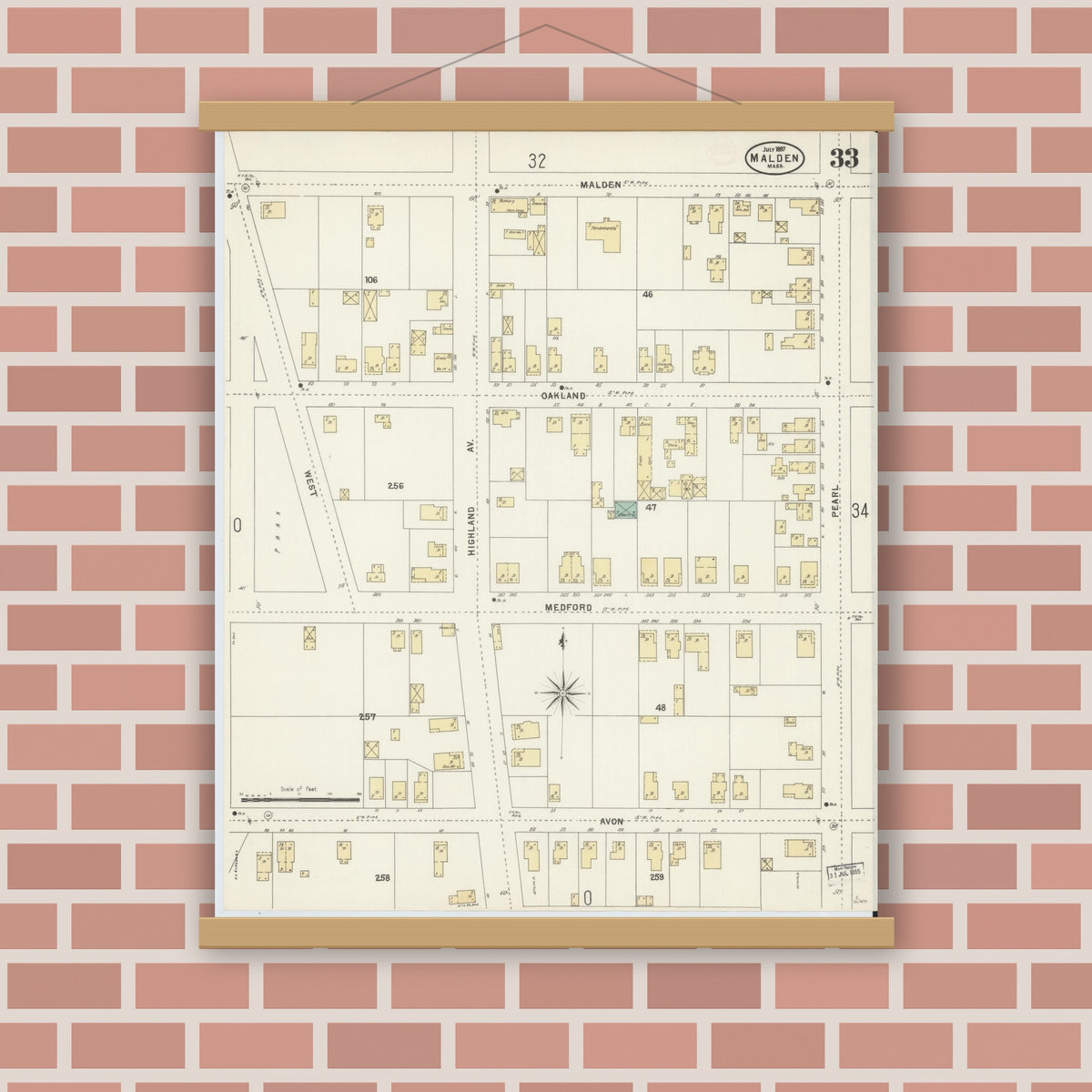 Old map wall art mockup — magnetic wood frame on brick wall — Sanborn Fire Insurance Map from Malden, Middlesex County, Massachusetts (1897), Sheet #0033