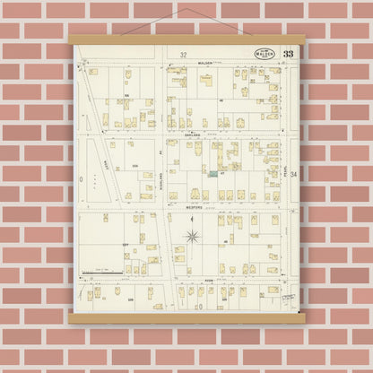 Old map wall art mockup — magnetic wood frame on brick wall — Sanborn Fire Insurance Map from Malden, Middlesex County, Massachusetts (1897), Sheet #0033