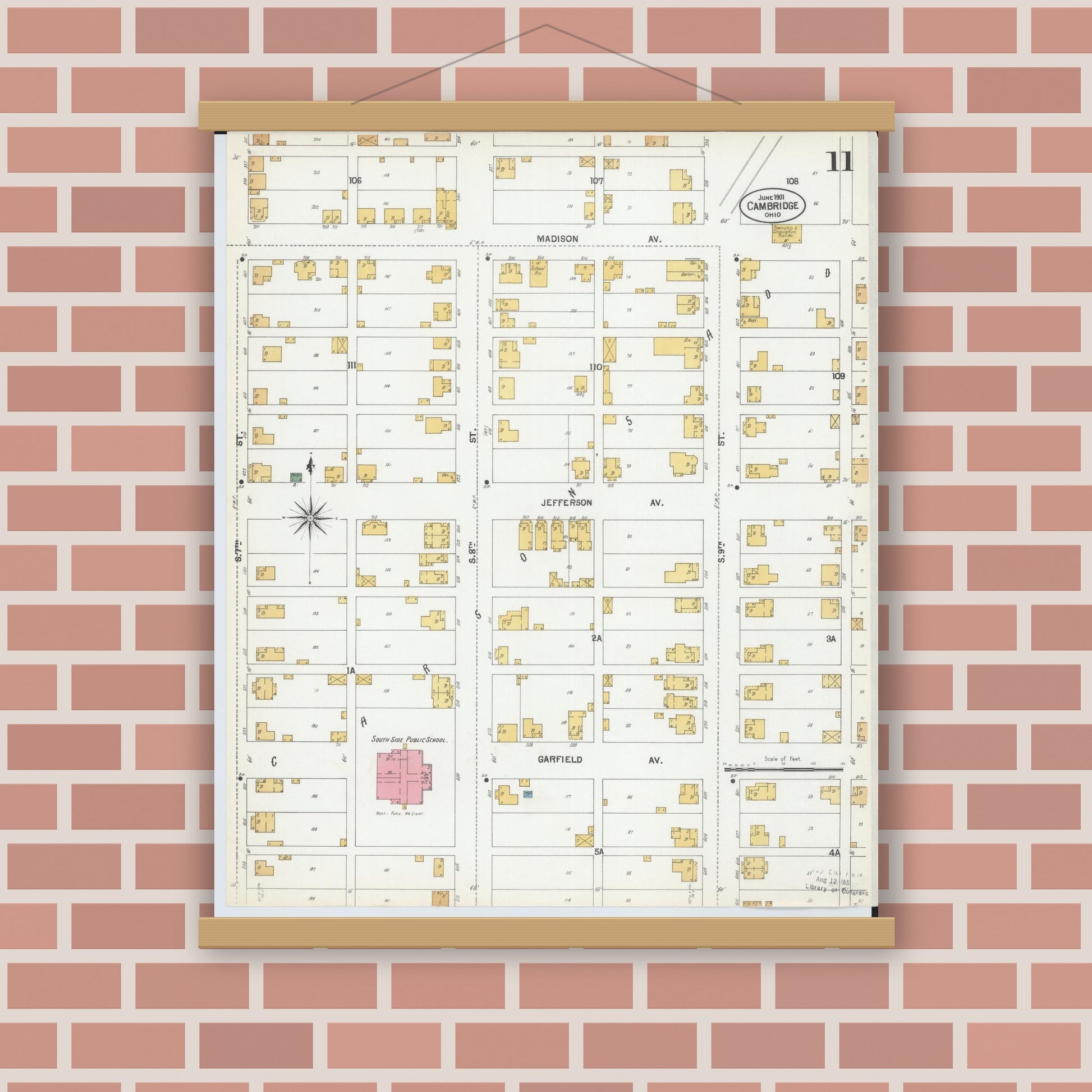 Old map wall art mockup — magnetic wood frame on brick wall — Sanborn Fire Insurance Map from Cambridge, Guernsey County, Ohio (1901), Sheet #0011