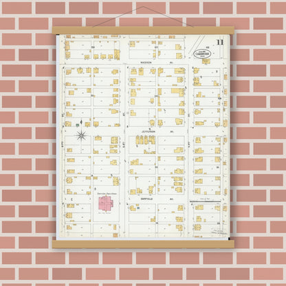 Old map wall art mockup — magnetic wood frame on brick wall — Sanborn Fire Insurance Map from Cambridge, Guernsey County, Ohio (1901), Sheet #0011