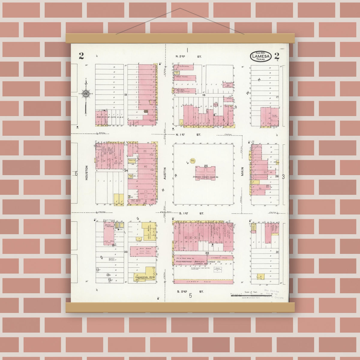 Old map wall art mockup — magnetic wood frame on brick wall — Sanborn Fire Insurance Map from Lamesa, Dawson County, Texas (1925), Sheet #0002