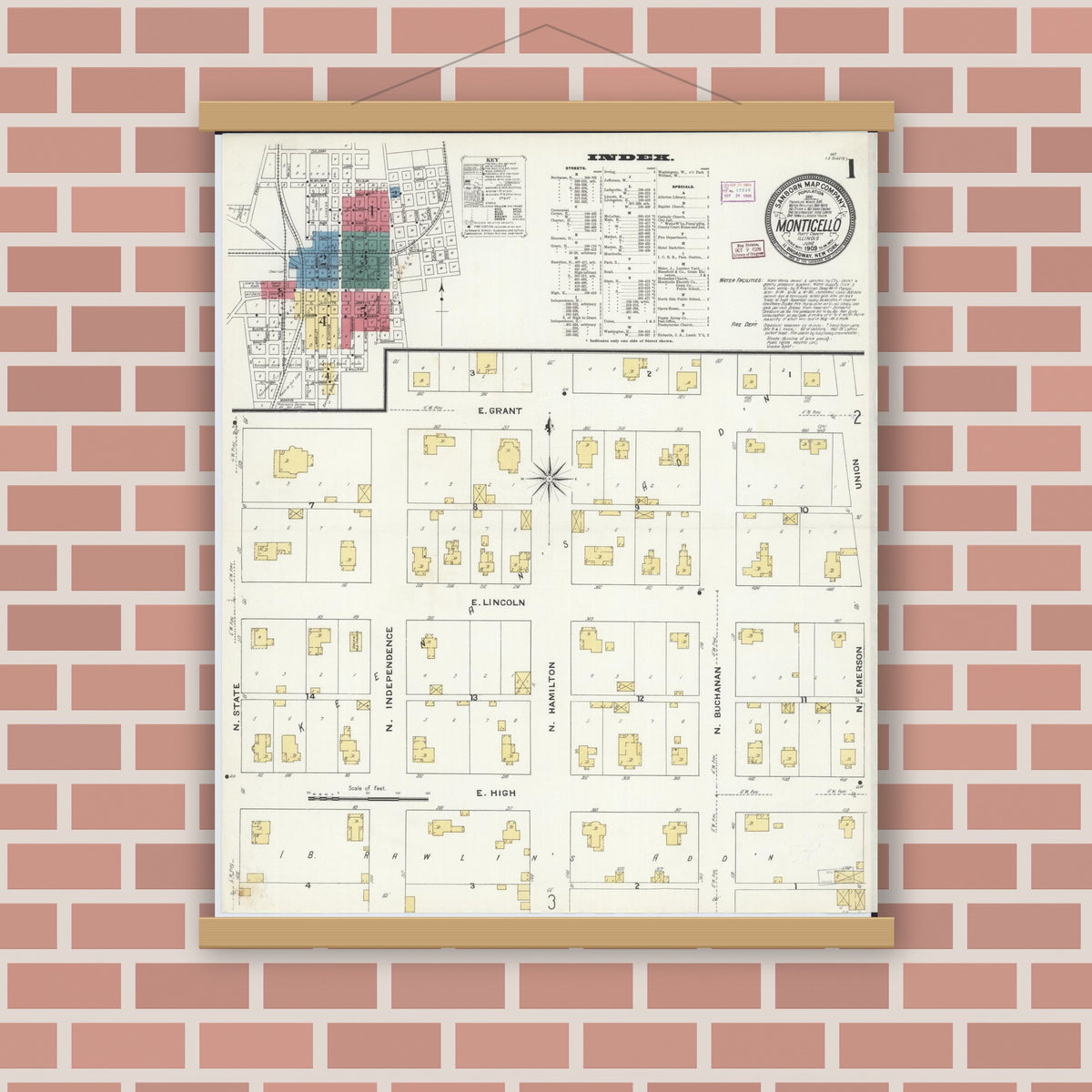 Old map wall art mockup — magnetic wood frame on brick wall — Sanborn Fire Insurance Map from Monticello, Piatt County, Illinois (1909), Sheet #0001