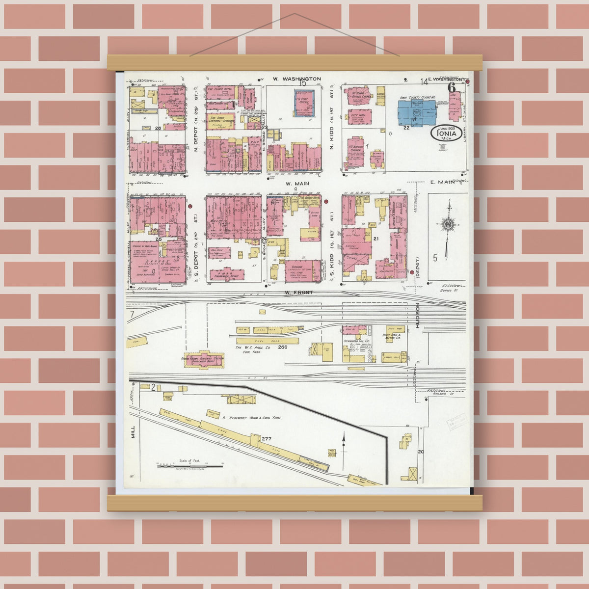 Old map wall art mockup — magnetic wood frame on brick wall — Sanborn Fire Insurance Map from Ionia, Ionia County, Michigan (1920), Sheet #0006