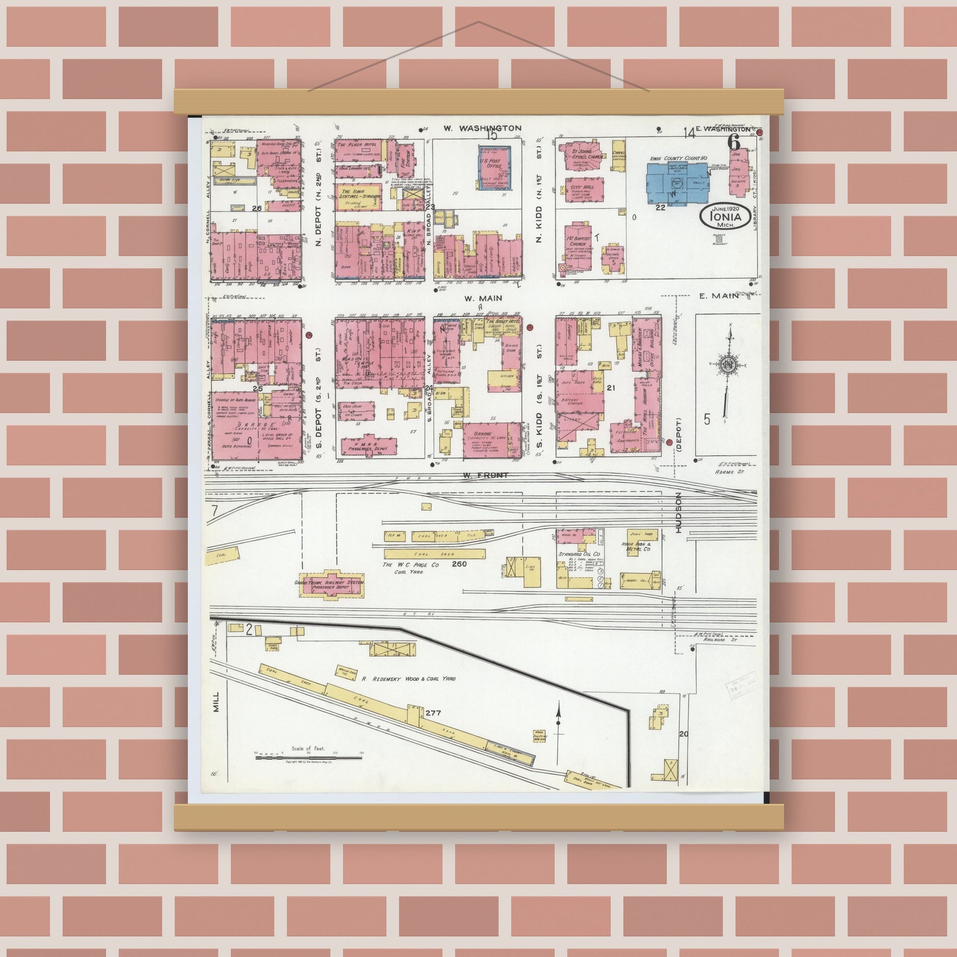 Old map wall art mockup — magnetic wood frame on brick wall — Sanborn Fire Insurance Map from Ionia, Ionia County, Michigan (1920), Sheet #0006