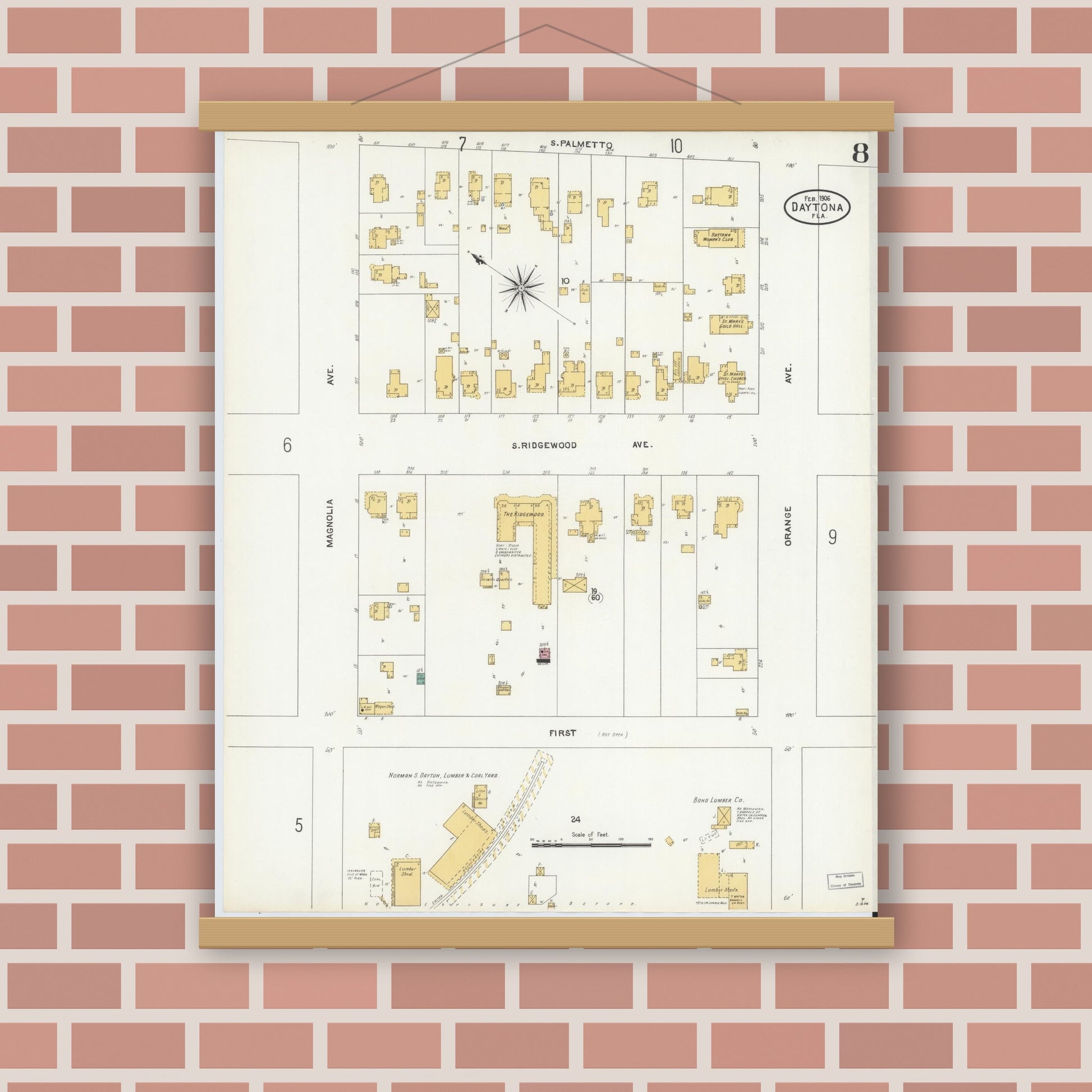 Old map wall art mockup — magnetic wood frame on brick wall — Sanborn Fire Insurance Map from Daytona, Volusia County, Florida (1906), Sheet #0008
