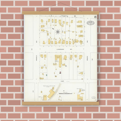 Old map wall art mockup — magnetic wood frame on brick wall — Sanborn Fire Insurance Map from Daytona, Volusia County, Florida (1906), Sheet #0008