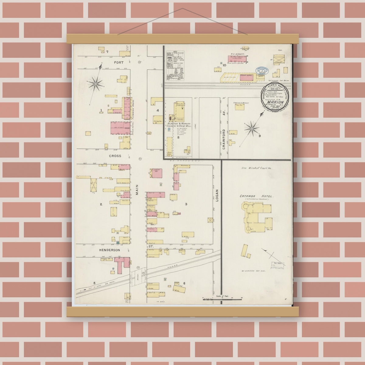 Old map wall art mockup — magnetic wood frame on brick wall — Sanborn Fire Insurance Map from Marion, Mcdowell County, North Carolina (1894), Sheet #0001