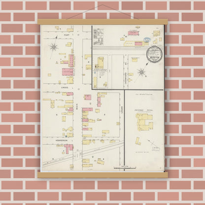Old map wall art mockup — magnetic wood frame on brick wall — Sanborn Fire Insurance Map from Marion, Mcdowell County, North Carolina (1894), Sheet #0001