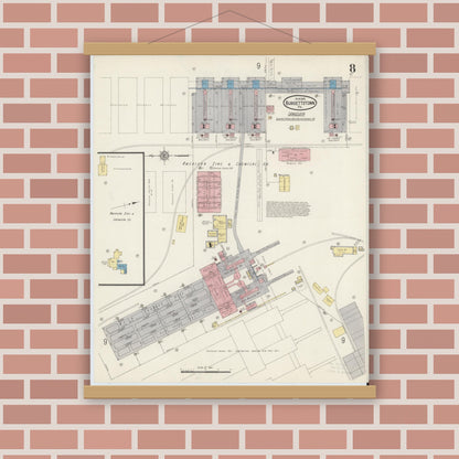 Old map wall art mockup — magnetic wood frame on brick wall — Sanborn Fire Insurance Map from Burgettstown, Washington County, Pennsylvania (1915), Sheet #0008