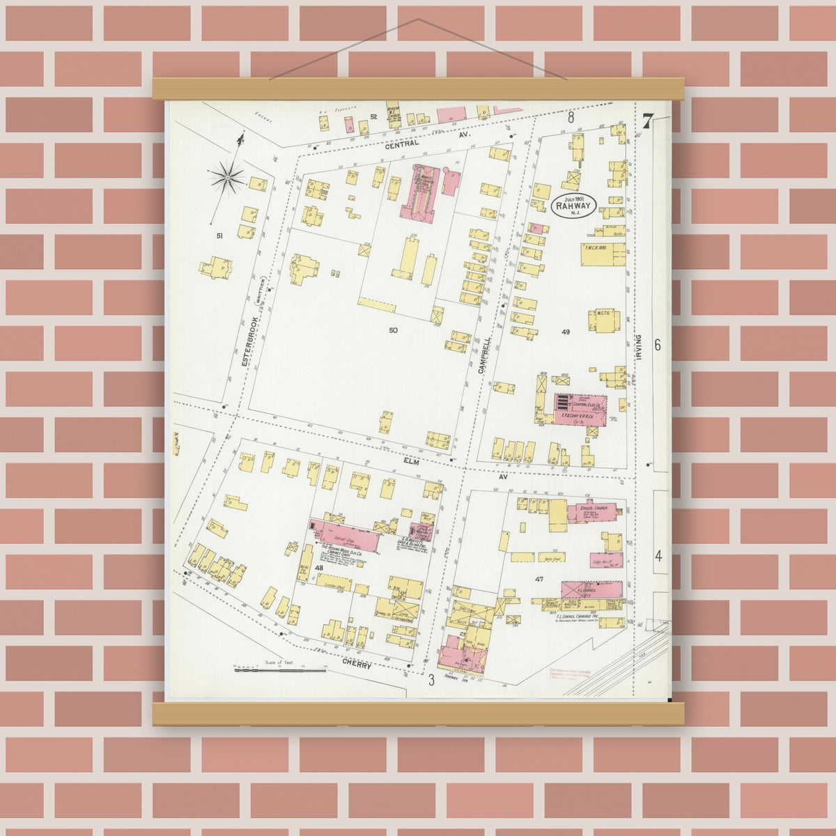Old map wall art mockup — magnetic wood frame on brick wall — Sanborn Fire Insurance Map from Rahway, Union County, New Jersey (1901), Sheet #0007