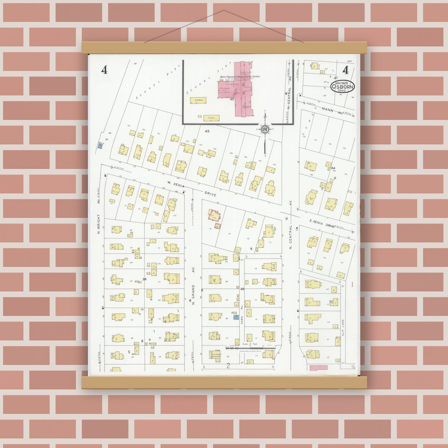 Old map wall art mockup — magnetic wood frame on brick wall — Sanborn Fire Insurance Map from Osborn, Greene County, Ohio (1929), Sheet #0004