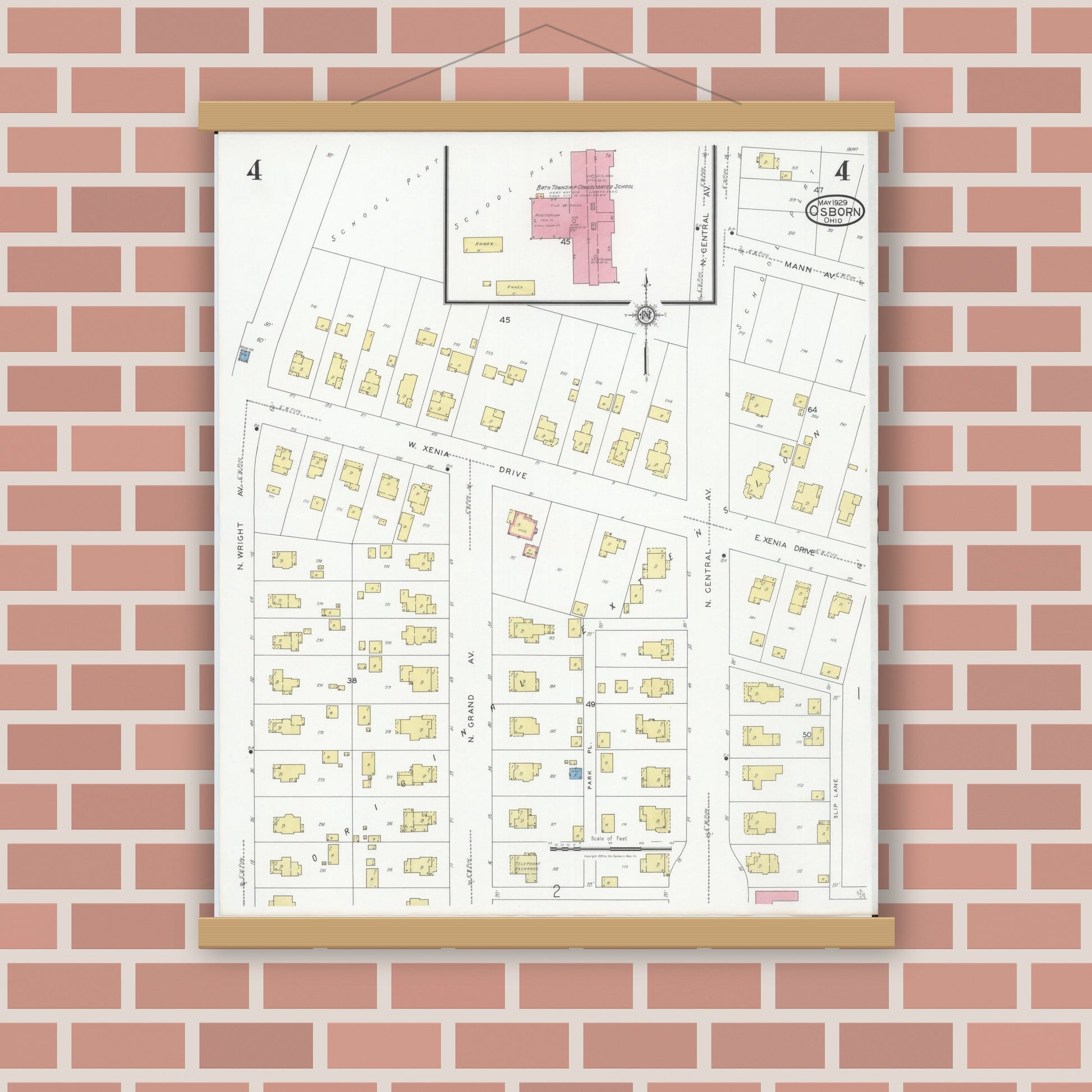 Old map wall art mockup — magnetic wood frame on brick wall — Sanborn Fire Insurance Map from Osborn, Greene County, Ohio (1929), Sheet #0004