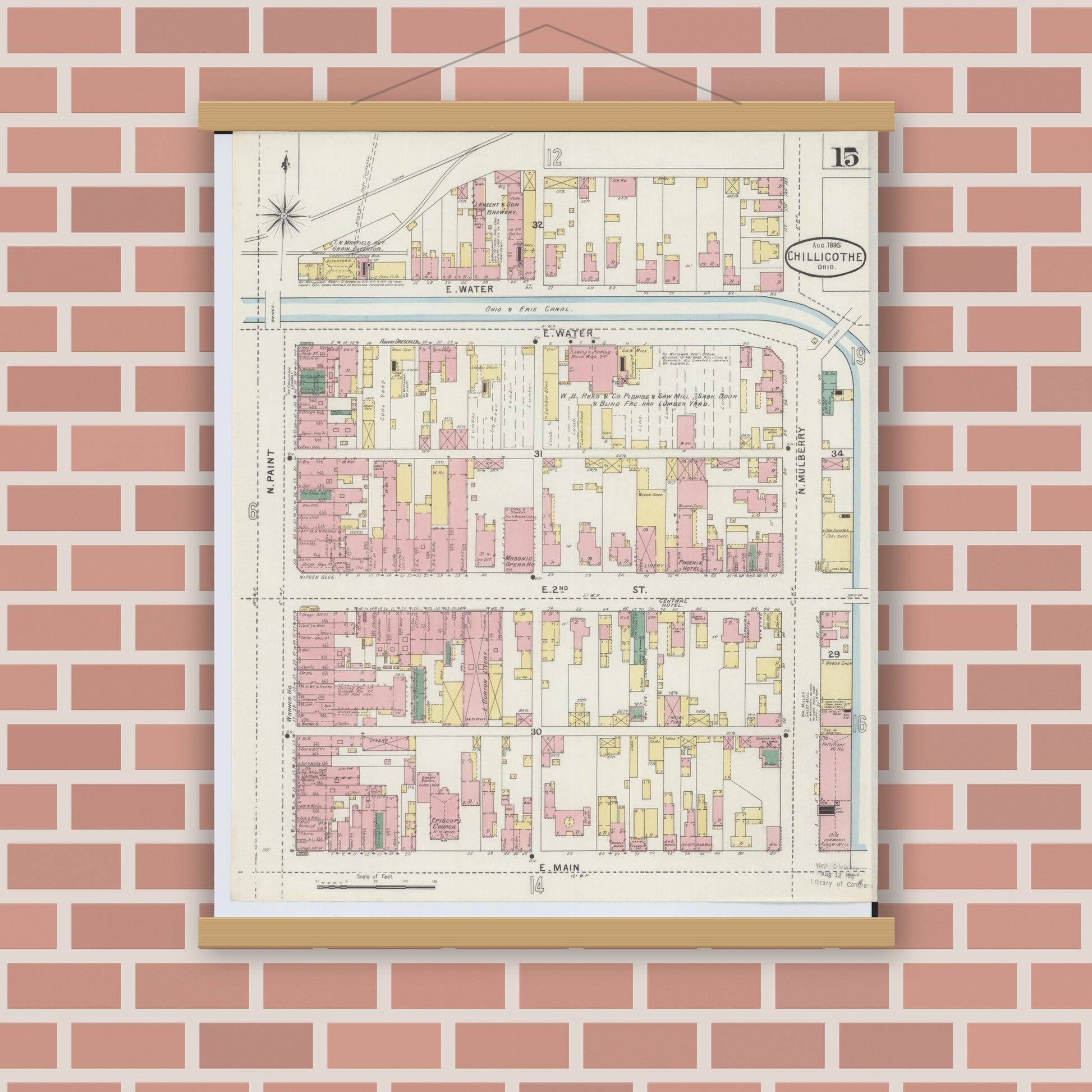 Old map wall art mockup — magnetic wood frame on brick wall — Sanborn Fire Insurance Map from Chillicothe, Ross County, Ohio (1895), Sheet #0015