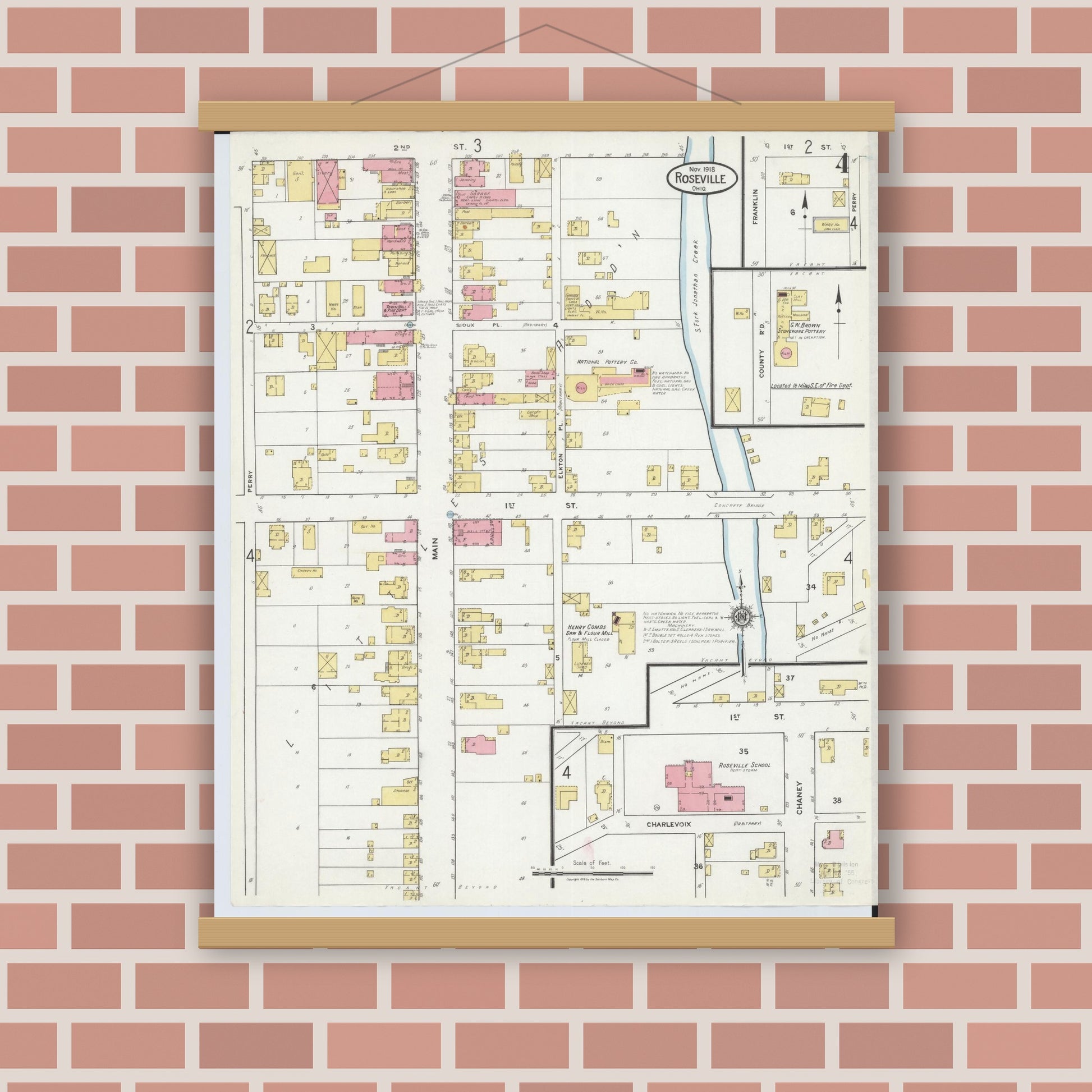 Old map wall art mockup — magnetic wood frame on brick wall — Sanborn Fire Insurance Map from Roseville, Perry And Muskingum Counties, Ohio (1918), Sheet #0004