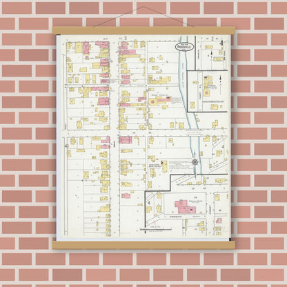 Old map wall art mockup — magnetic wood frame on brick wall — Sanborn Fire Insurance Map from Roseville, Perry And Muskingum Counties, Ohio (1918), Sheet #0004