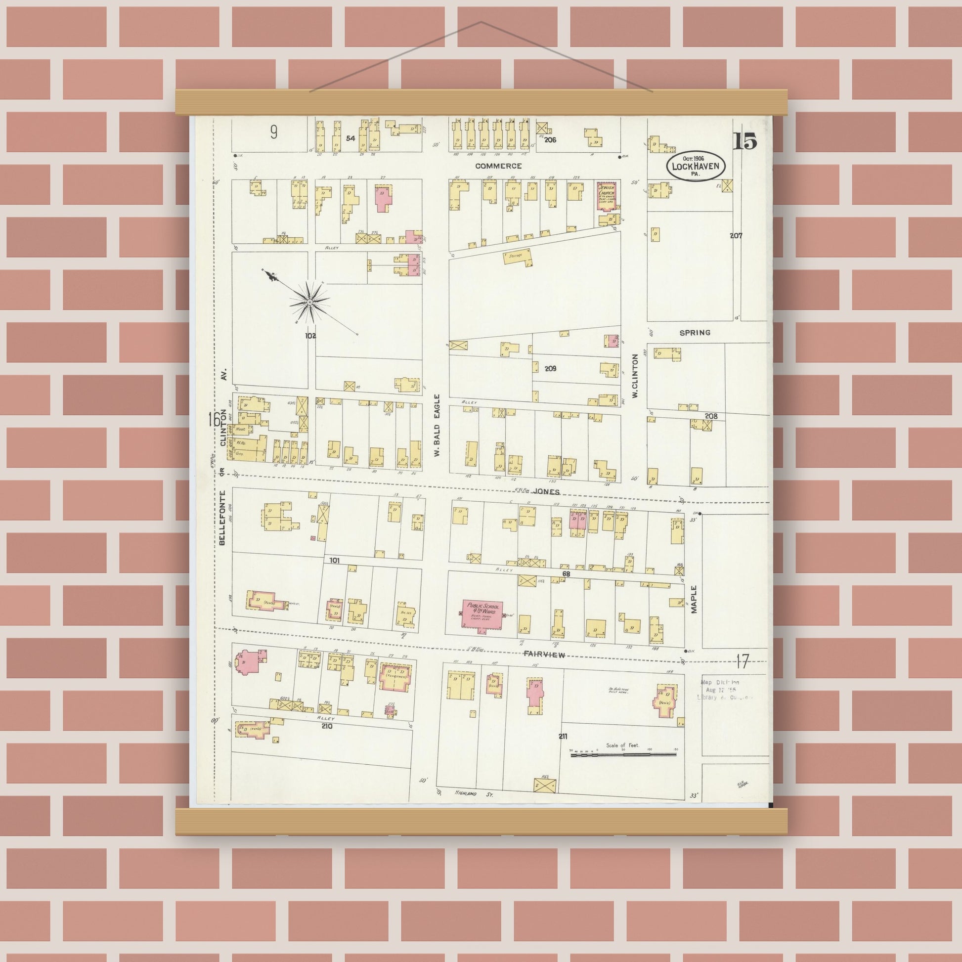 Old map wall art mockup — magnetic wood frame on brick wall — Sanborn Fire Insurance Map from Lock Haven, Clinton County, Pennsylvania (1906), Sheet #0015