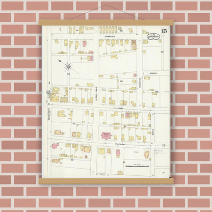 Old map wall art mockup — magnetic wood frame on brick wall — Sanborn Fire Insurance Map from Lock Haven, Clinton County, Pennsylvania (1906), Sheet #0015