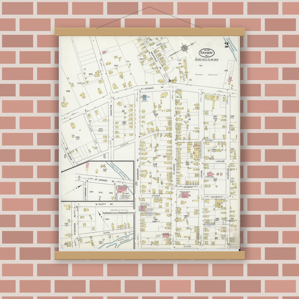 Old map wall art mockup — magnetic wood frame on brick wall — Sanborn Fire Insurance Map from Rahway, Union County, New Jersey (1915), Sheet #0002