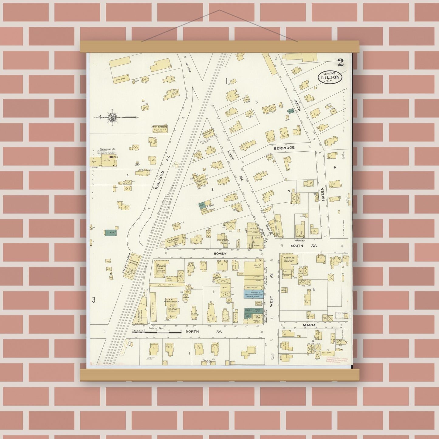 Old map wall art mockup — magnetic wood frame on brick wall — Sanborn Fire Insurance Map from Hilton, Monroe County, New York (1909), Sheet #0002