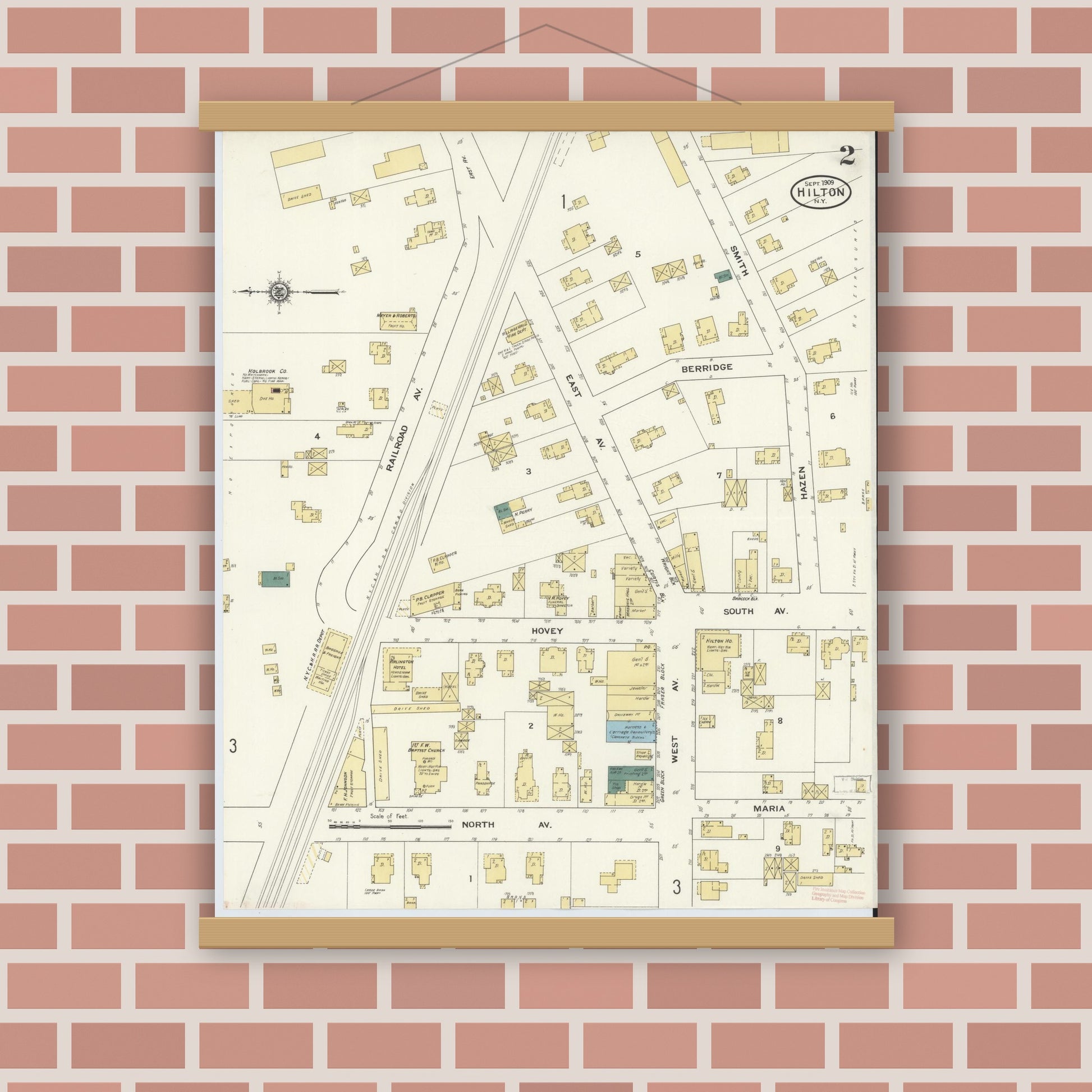 Old map wall art mockup — magnetic wood frame on brick wall — Sanborn Fire Insurance Map from Hilton, Monroe County, New York (1909), Sheet #0002