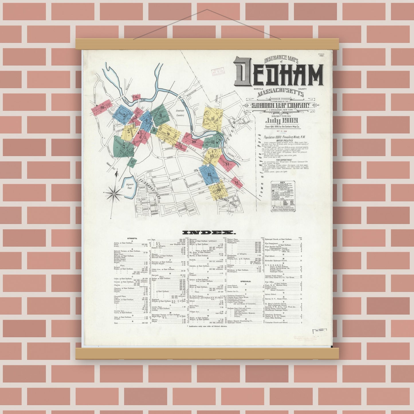 Old map wall art mockup — magnetic wood frame on brick wall — Sanborn Fire Insurance Map from Dedham, Norfolk County, Massachusetts (1909) - Complete Map Set