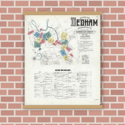Old map wall art mockup — magnetic wood frame on brick wall — Sanborn Fire Insurance Map from Dedham, Norfolk County, Massachusetts (1909) - Complete Map Set