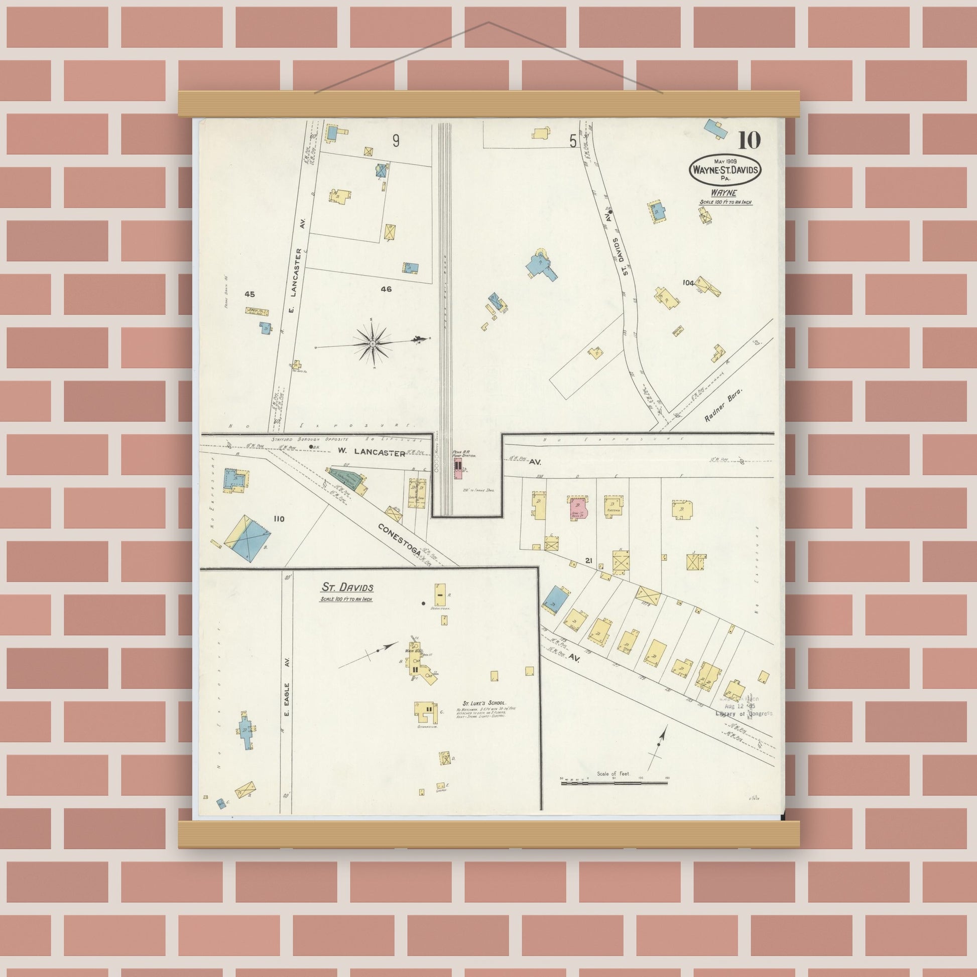 Old map wall art mockup — magnetic wood frame on brick wall — Sanborn Fire Insurance Map from Wayne, Delaware County, Pennsylvania (1909), Sheet #0010