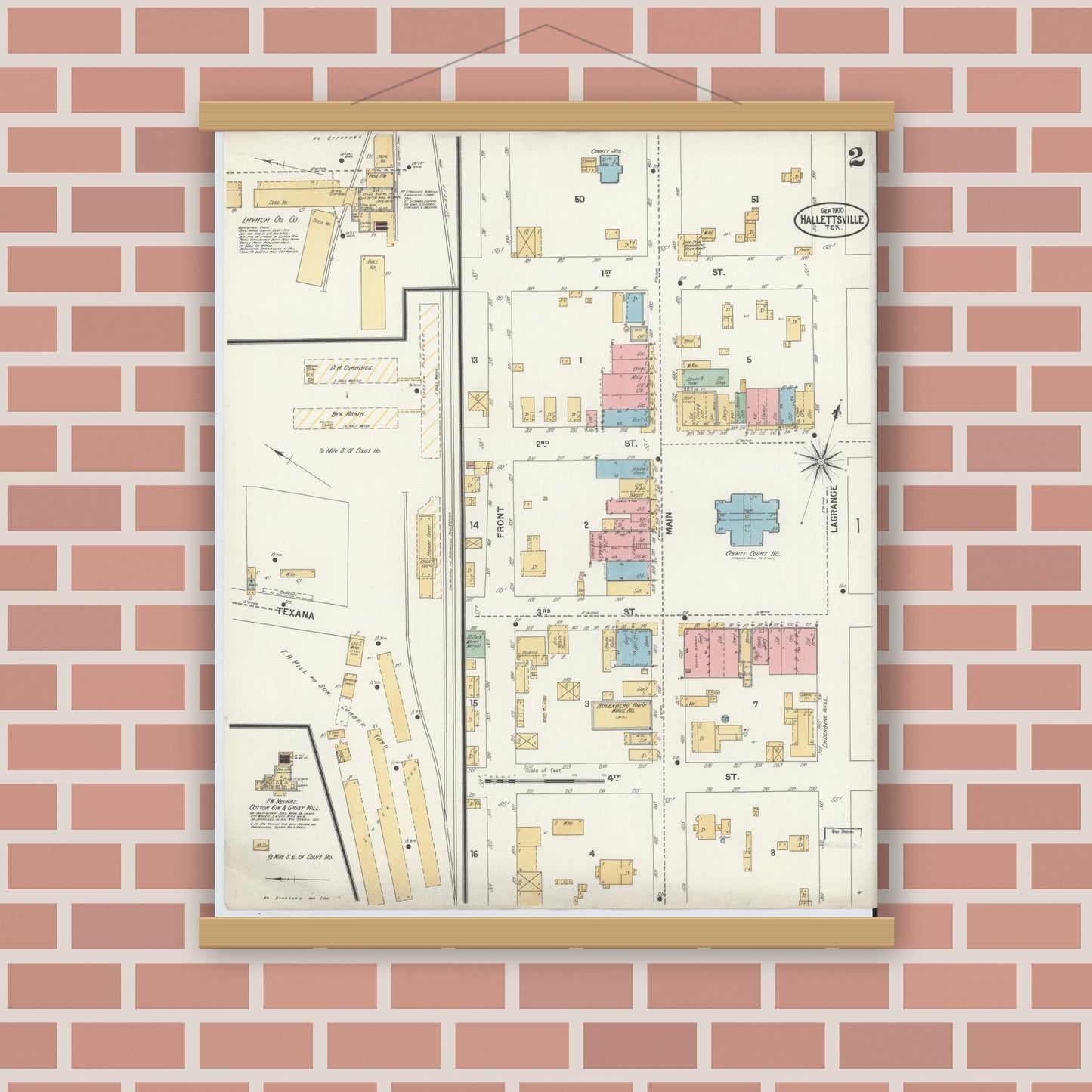 Old map wall art mockup — magnetic wood frame on brick wall — Sanborn Fire Insurance Map from Hallettsville, Lavaca County, Texas (1900), Sheet #0002
