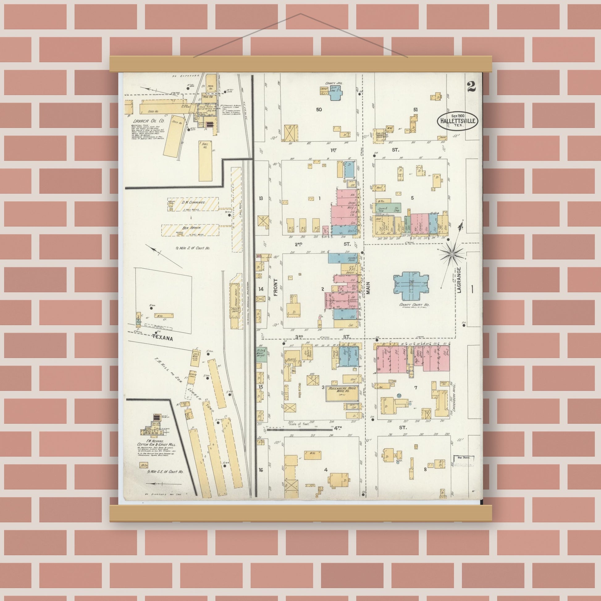 Old map wall art mockup — magnetic wood frame on brick wall — Sanborn Fire Insurance Map from Hallettsville, Lavaca County, Texas (1900), Sheet #0002