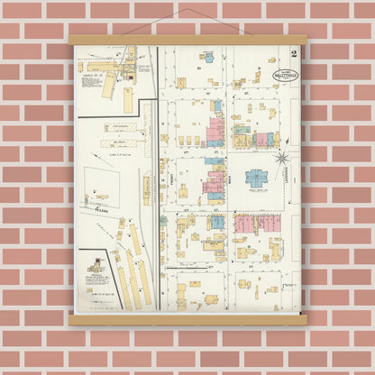 Old map wall art mockup — magnetic wood frame on brick wall — Sanborn Fire Insurance Map from Hallettsville, Lavaca County, Texas (1900), Sheet #0002
