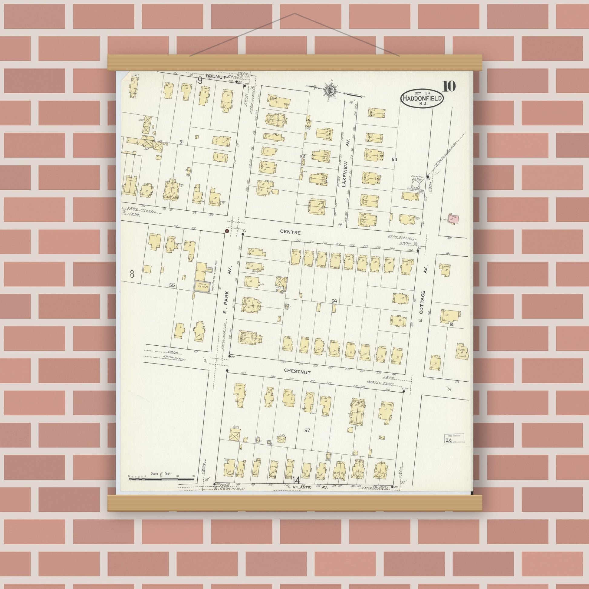 Old map wall art mockup — magnetic wood frame on brick wall — Sanborn Fire Insurance Map from Haddonfield, Camden County, New Jersey (1914), Sheet #0010