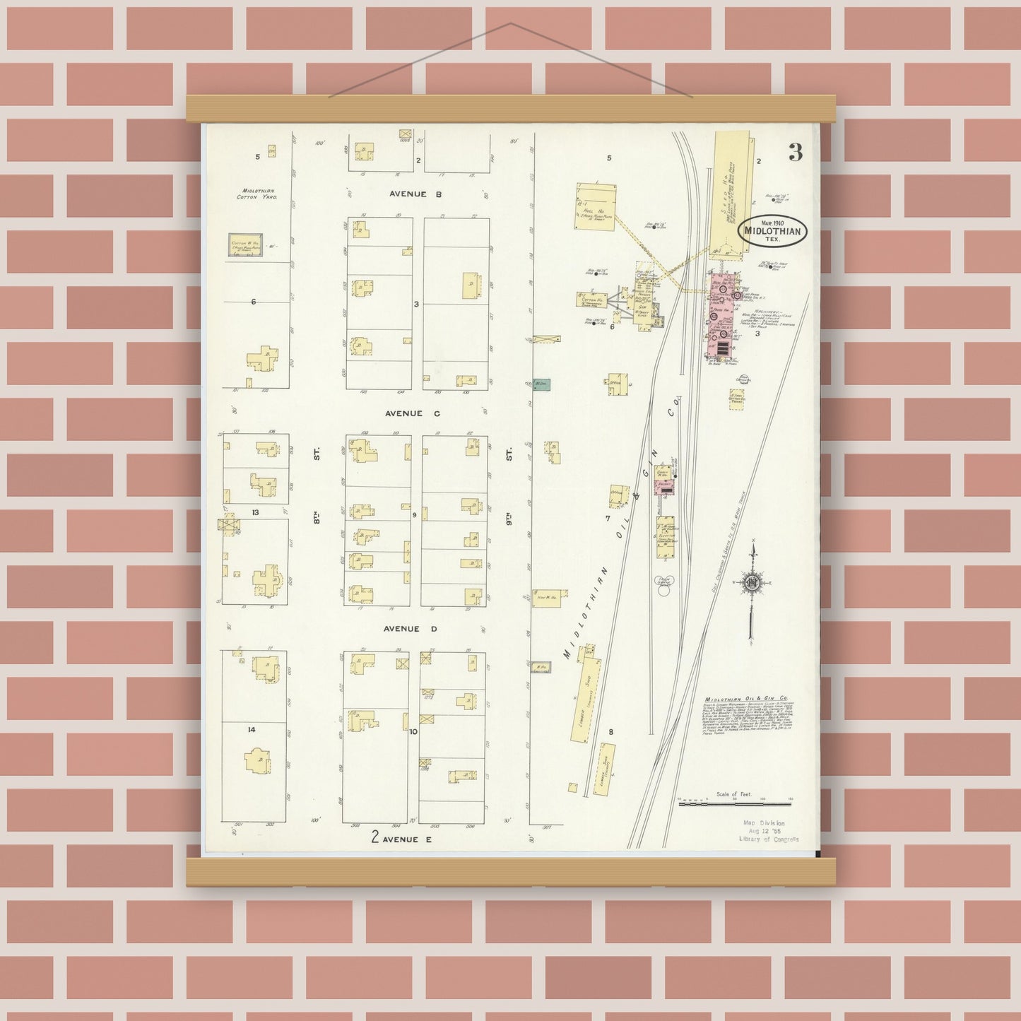 Old map wall art mockup — magnetic wood frame on brick wall — Sanborn Fire Insurance Map from Midlothian, Ellis County, Texas (1910), Sheet #0003
