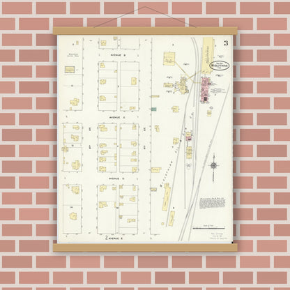 Old map wall art mockup — magnetic wood frame on brick wall — Sanborn Fire Insurance Map from Midlothian, Ellis County, Texas (1910), Sheet #0003