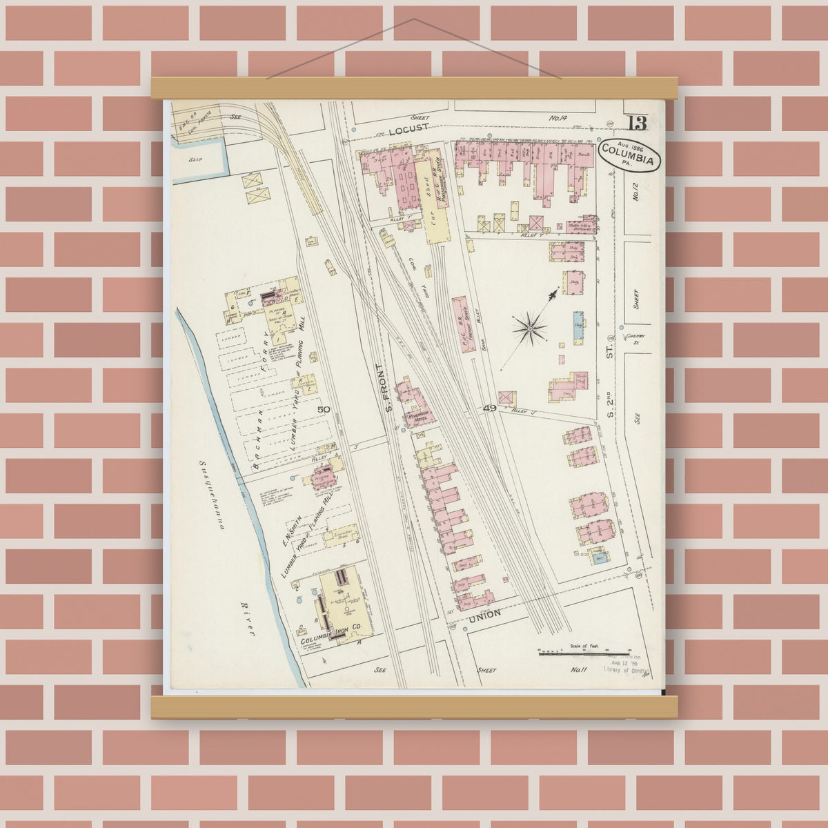 Old map wall art mockup — magnetic wood frame on brick wall — Sanborn Fire Insurance Map from Columbia, Lancaster County, Pennsylvania (1886), Sheet #0013
