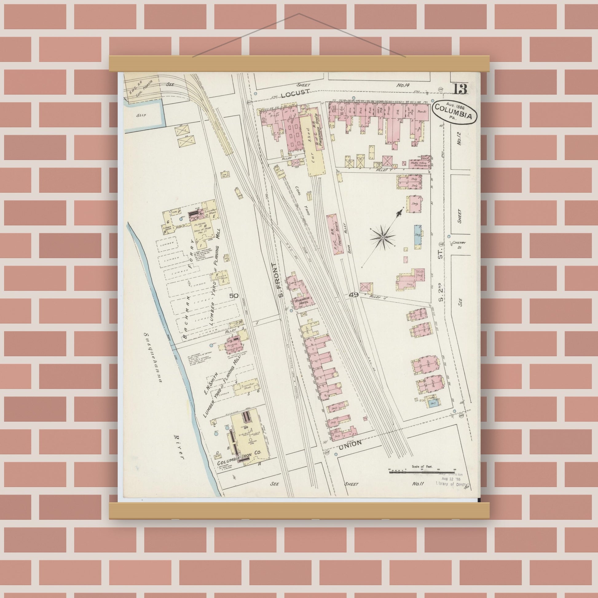 Old map wall art mockup — magnetic wood frame on brick wall — Sanborn Fire Insurance Map from Columbia, Lancaster County, Pennsylvania (1886), Sheet #0013