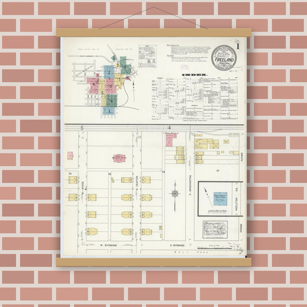 Old map wall art mockup — magnetic wood frame on brick wall — Sanborn Fire Insurance Map from Freeland, Luzerne County, Pennsylvania (1912), Sheet #0001